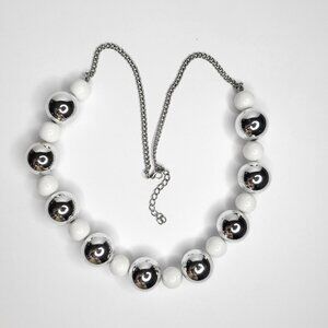 Chunky Round Beaded Necklace Shiny Silvertone White Pin Up Polka Dot 24"
